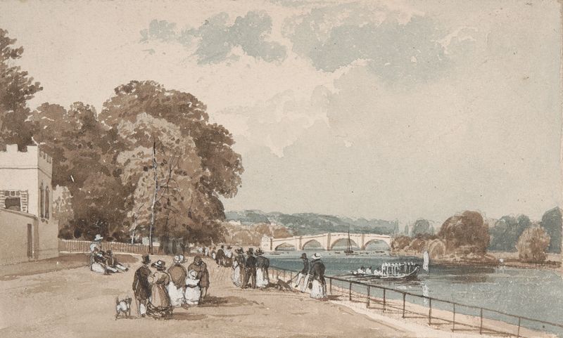Richmond Bridge watercolor by William Alfred Delamotte, depicting a tranquil landscape with a river and bridge.