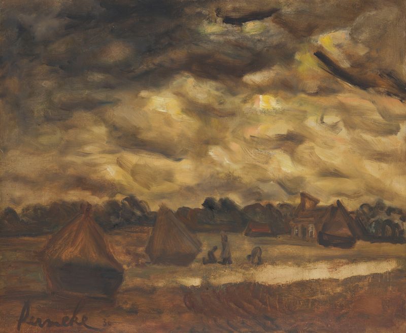 Paisagem expressionista de Constant Permeke, com tons de terra texturizados e luz.