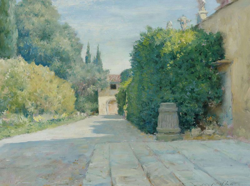 Villa In Florence de William Merritt Chase, pintura al óleo que muestra una villa entre la vegetación bajo un cielo luminoso.