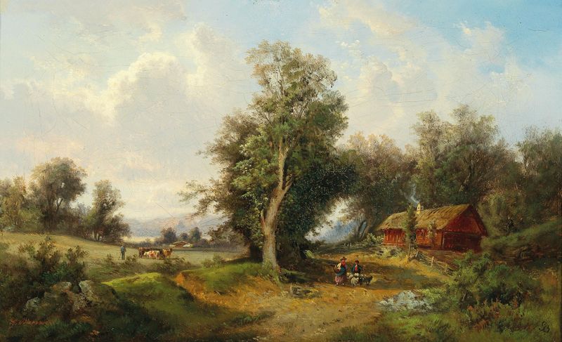 Landscape in the Alpine Foothills with Grazing Cattle by Gustav Barbarini, oil painting