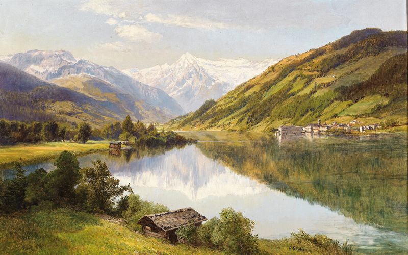 Landscape oil painting by Konrad Petrides featuring Zell am See and Kitzsteinhorn Mountain.