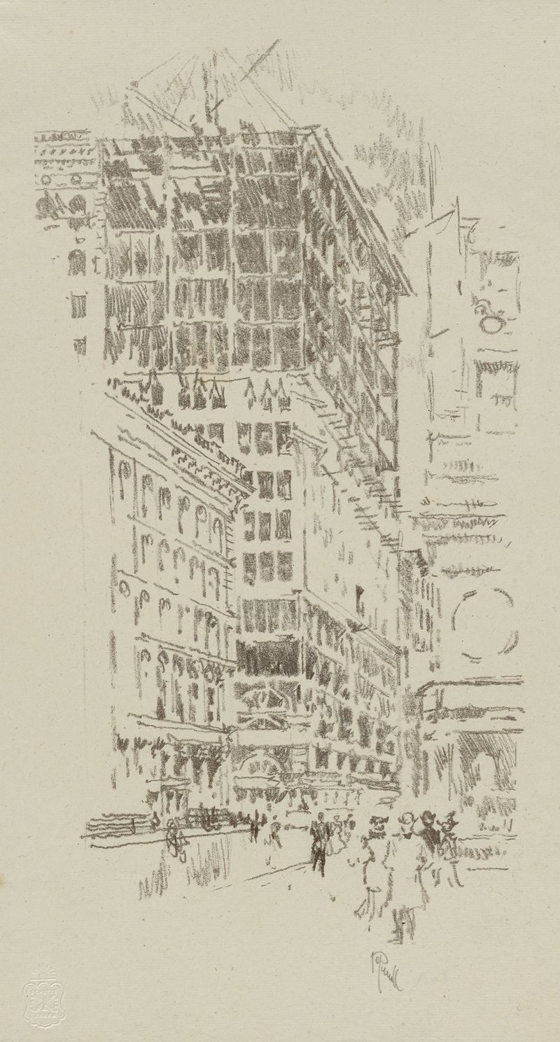 obra en tinta sobre papel de Joseph Pennell que muestra un marco de edificio de acero contra un cielo nublado
