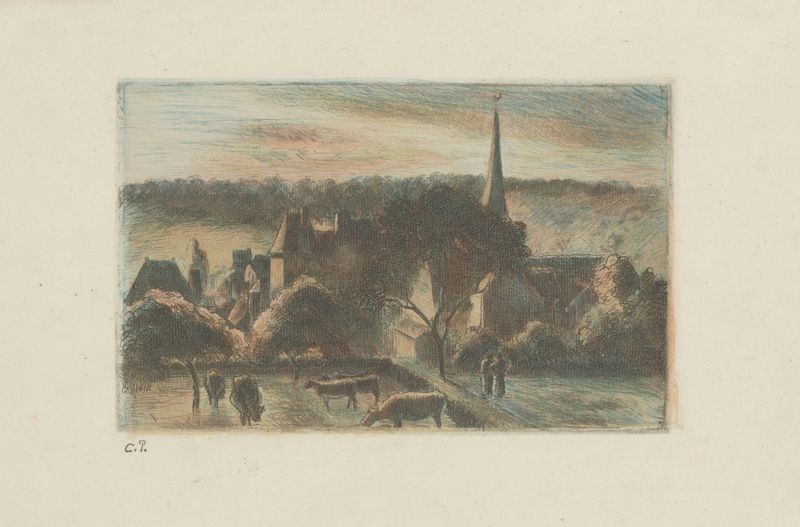 Église et ferme d’Eragny de Camille Pissarro, óleo sobre lienzo que muestra una iglesia y campos al atardecer.