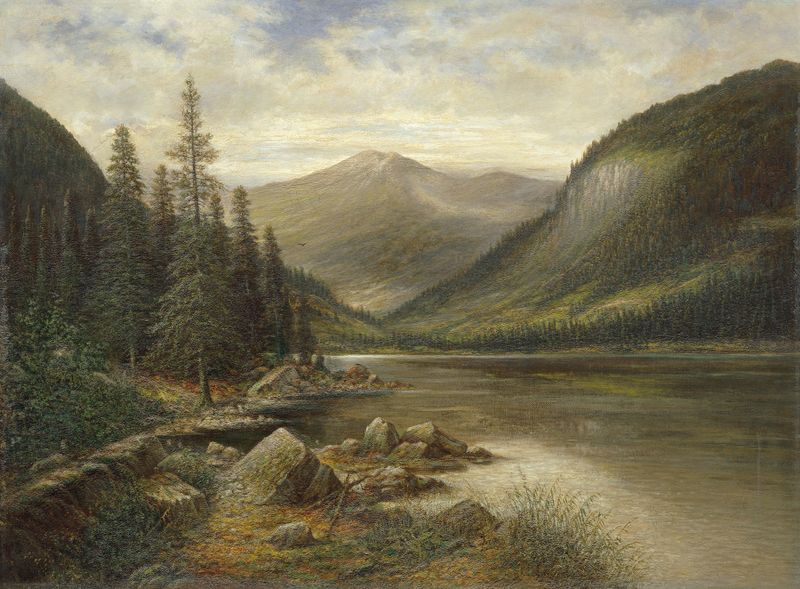 Erlaufsee mit kahlem Gipfel im Hintergrund, oil on canvas by Franz Stephan Paschinger