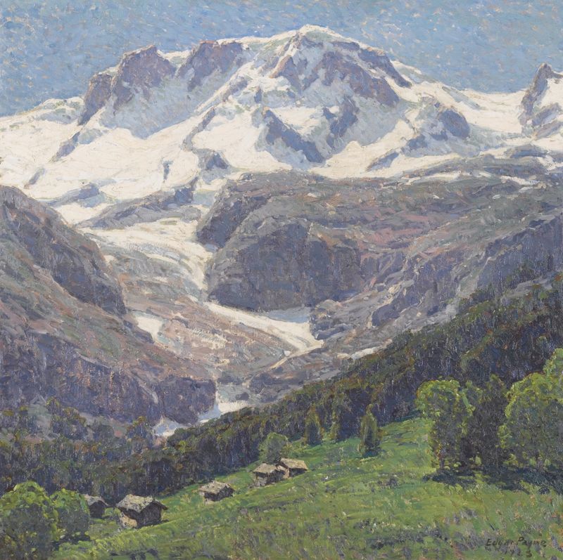 The High Alps by Edgar Alwin Payne, oil on canvas depicting snow-capped mountains and a bright sky.