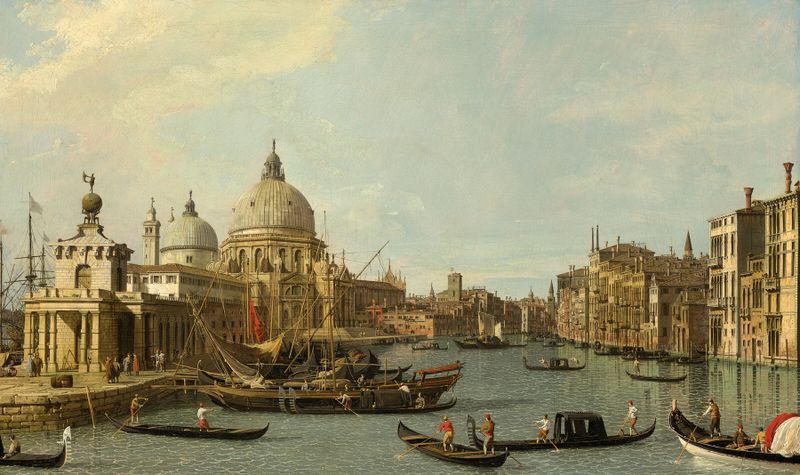 Pintura rococó de Canaletto retratando o Grande Canal com edifícios e água.