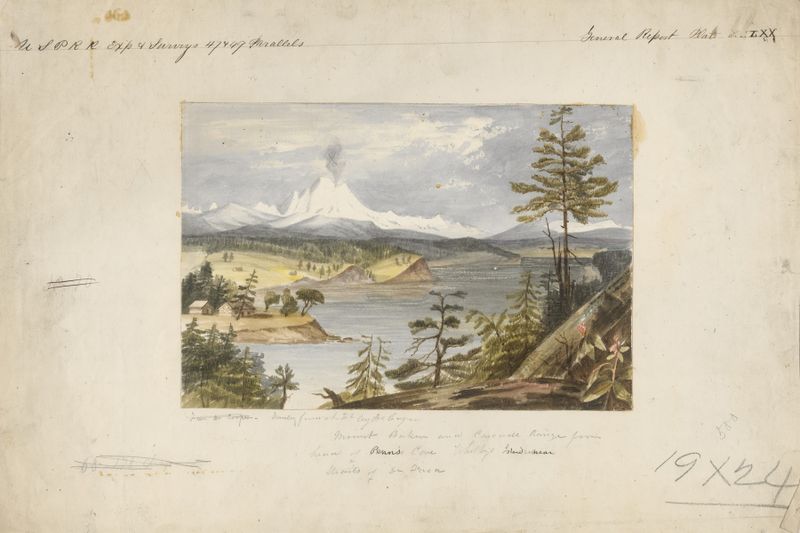 Pintura al óleo de Mt. Baker y la Cordillera Cascade por John Mix Stanley