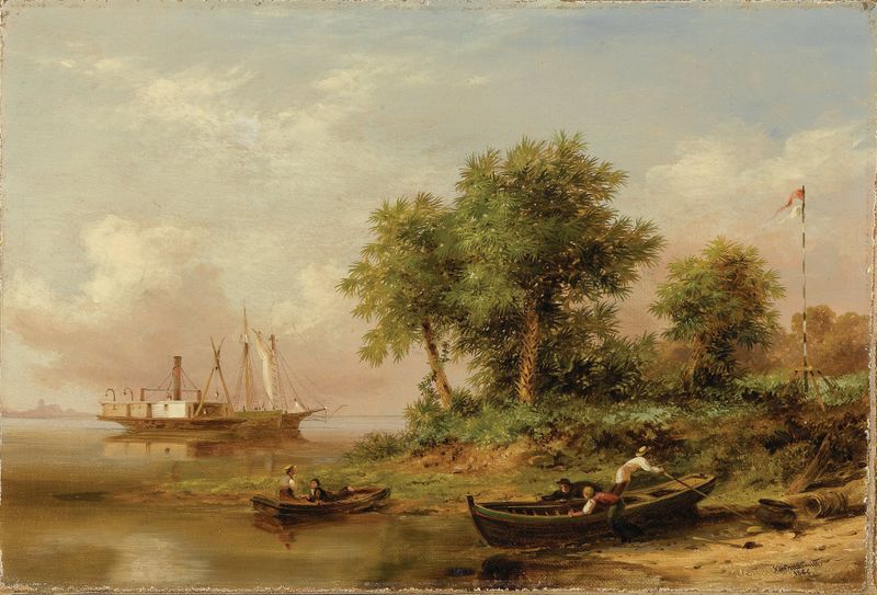 Palmettos at Port Royal de Xanthus Russell Smith, pintura al óleo que muestra vegetación exuberante y un cielo brillante.
