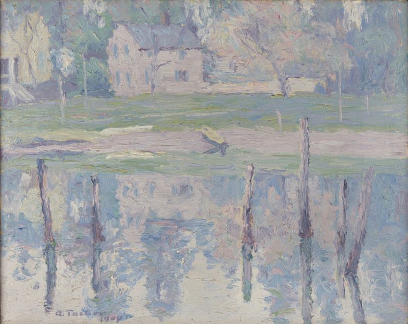 Landscape by Allen Tucker, Post-Impressionism, depicting a serene forest and river.