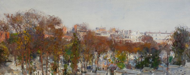 Montmartre Cemetery in Paris, óleo sobre tela de Julian Falat, com árvores e lápides.