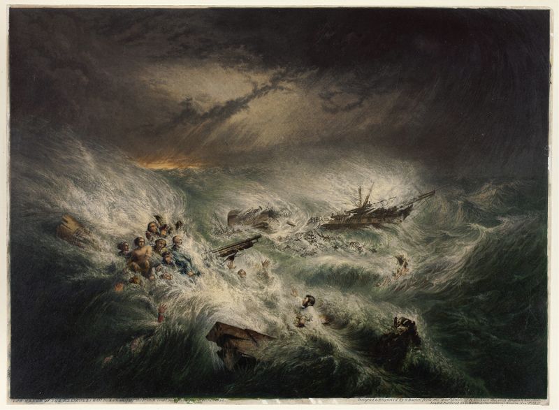 The Wreck of the Reliance by George Baxter, oil on canvas depicting a ship amidst stormy waves.