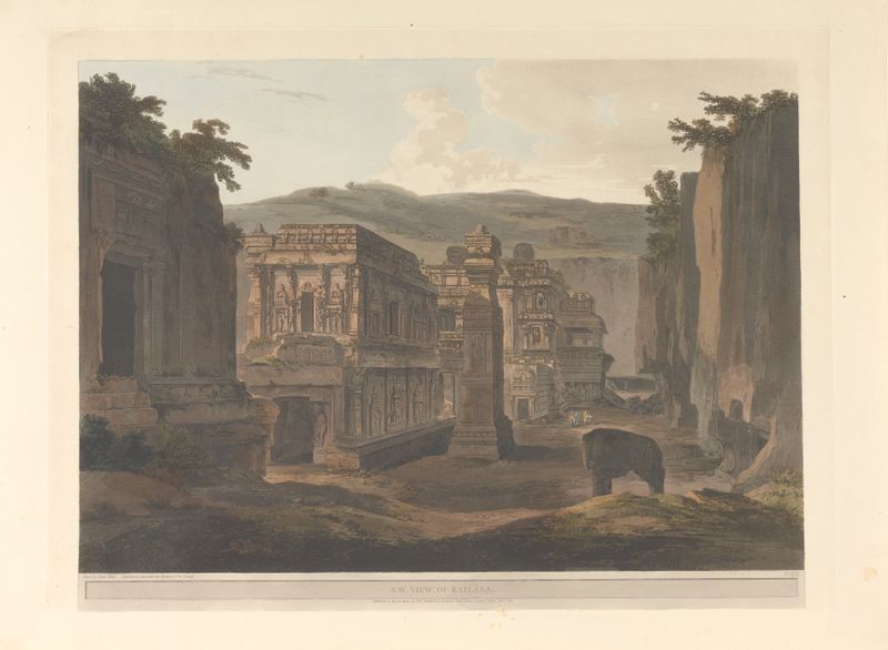 Oriental scenery Pl.38 de Thomas Daniell, que representa un río y montañas en un paisaje.