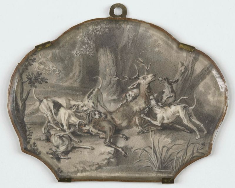 Hertenjacht, pintura a óleo de Unknown Artist retratando um veado em uma floresta exuberante.