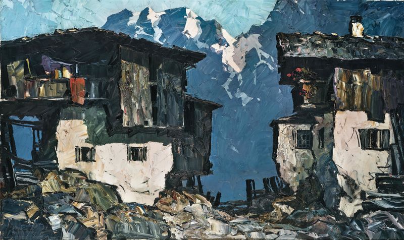Bauernhäuser im Gebirge by Oskar Mulley, realism, landscape