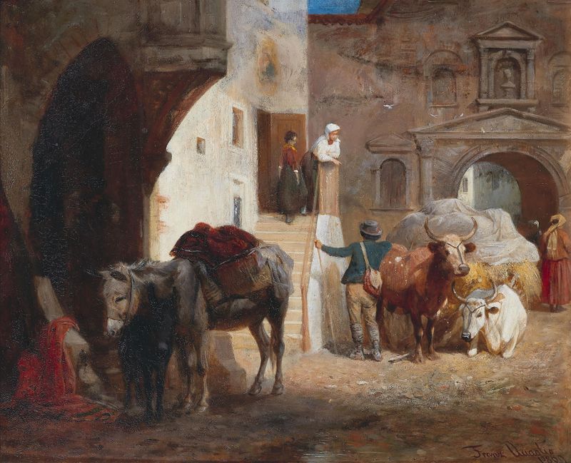 Südliche Straßenszene mit einem Maultier und einem Ochsenkarren, óleo sobre tela de Franz Quaglio