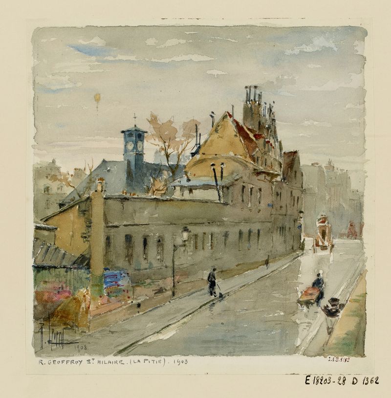 Rue Geoffroy-Saint-Hilaire (la Pitié) oil painting by René Leverd depicting a tranquil street scene.