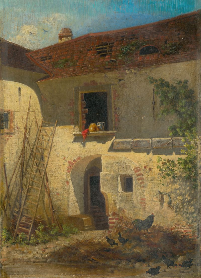 Old Farm Yard in Jur, oil on canvas by Friedrich Carl von Scheidlin, depicting a tranquil rural scene.