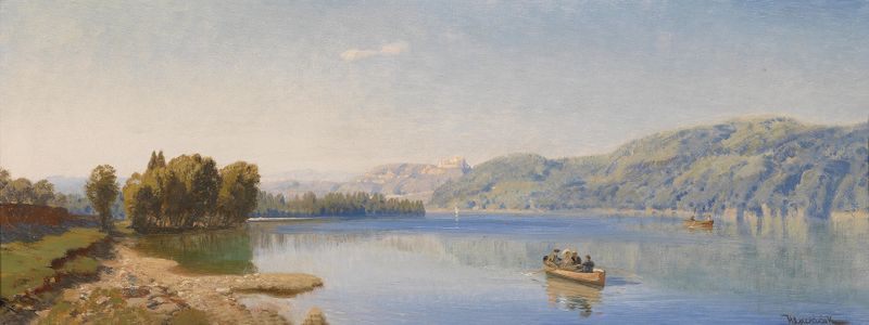 Caldonazzosee bei Trient de Anton Hlavacek, paisagem com nuvens e horizonte.
