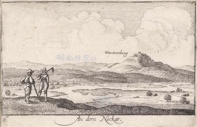 Gravura de Wenceslaus Hollar representando o rio Neckar e a margem