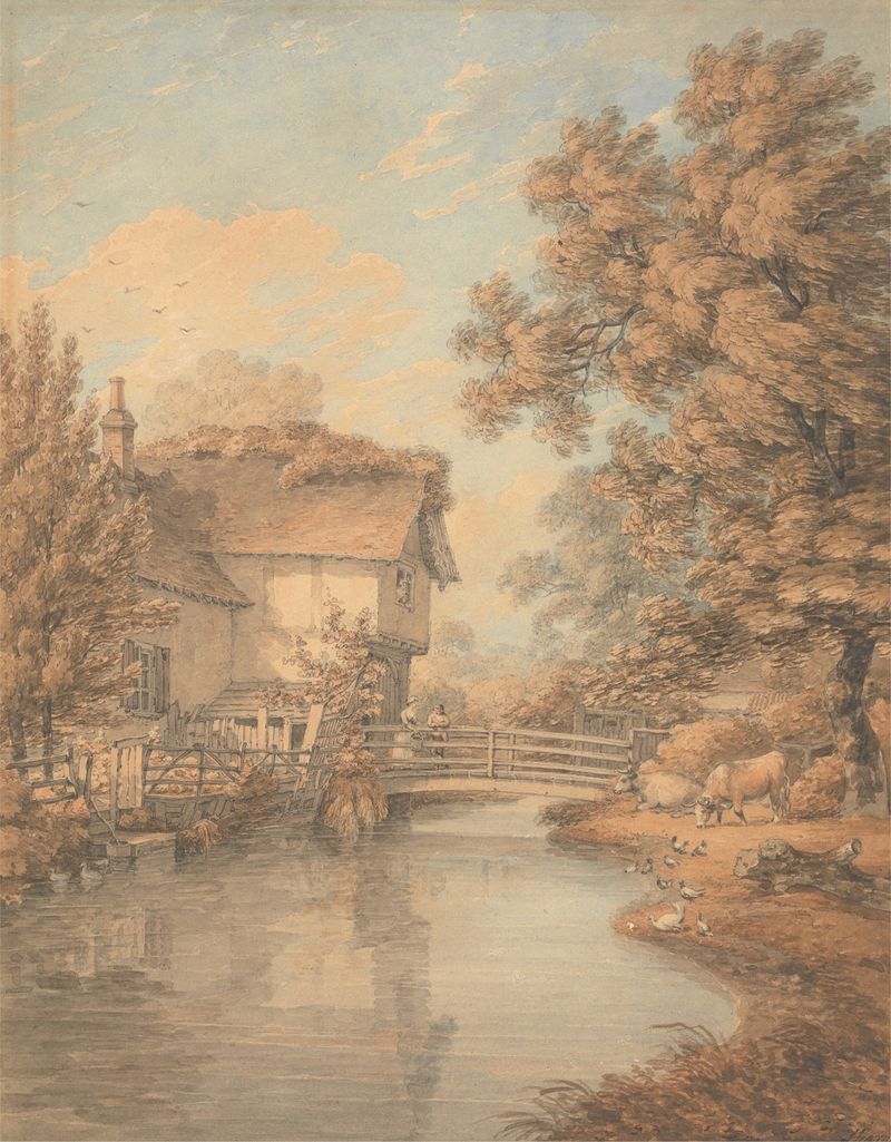 The Cheesecake House, uma aquarela de Thomas Hearne, retrata uma paisagem tranquila com arquitetura.
