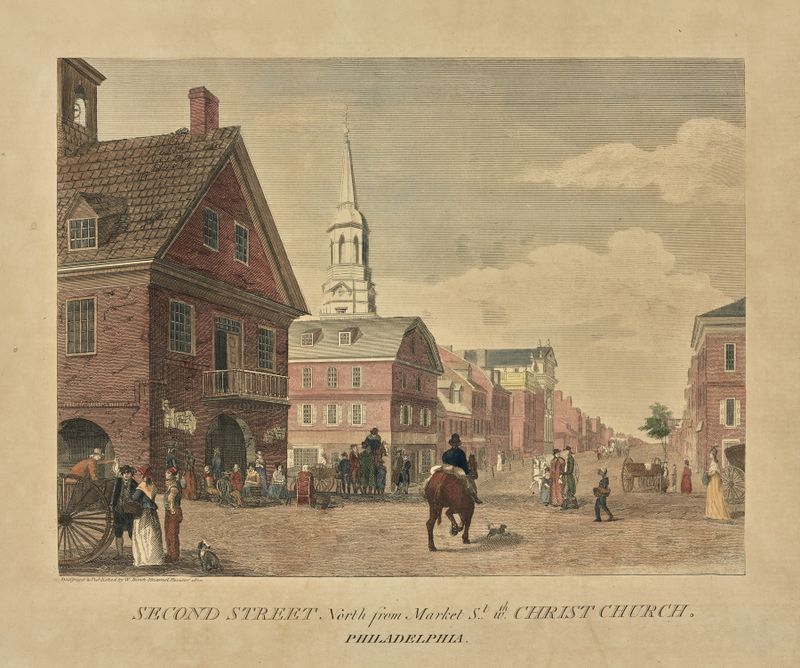 Engraving by William Russell Birch depicting Christ Church and a cobblestone street