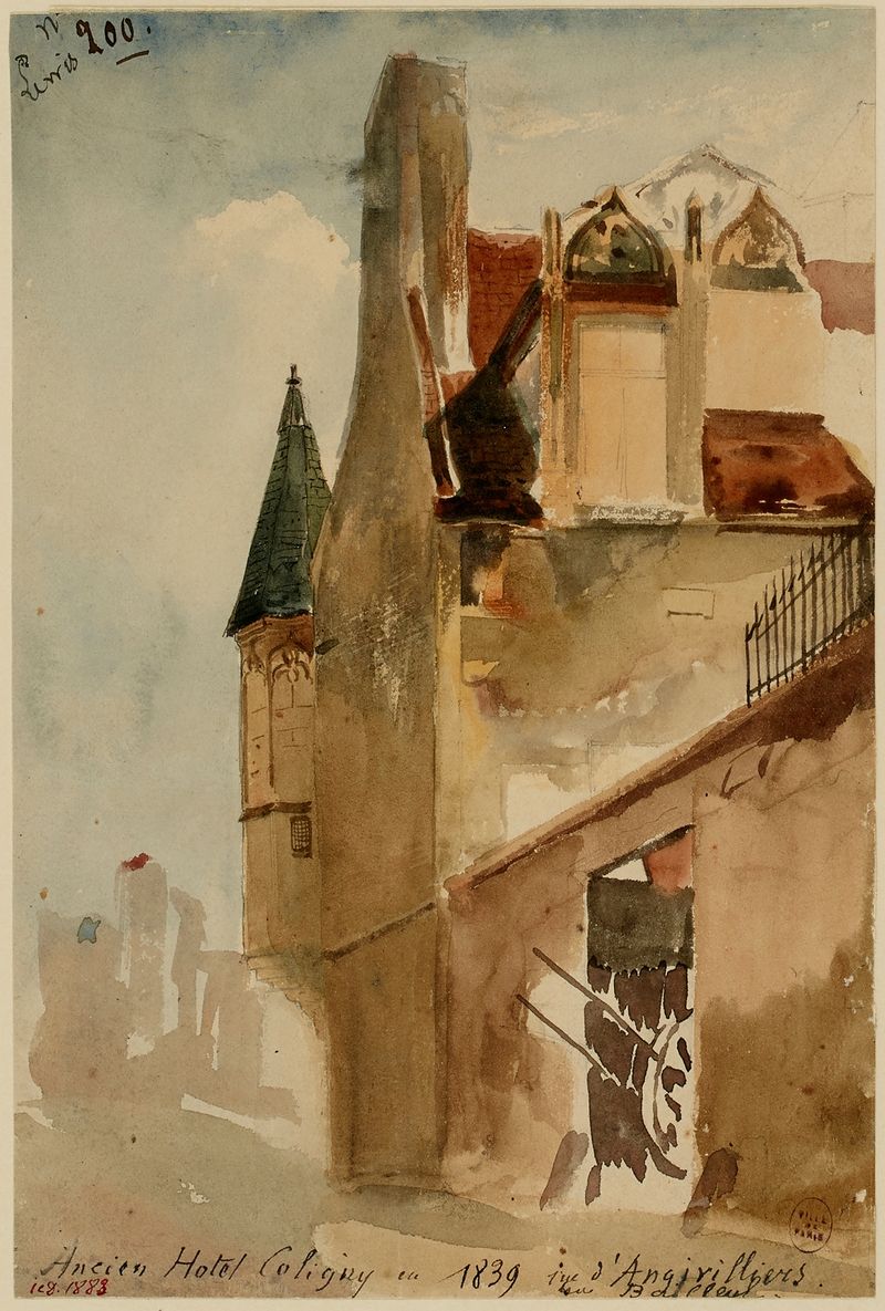 Landscape oil painting by Henri Jean Baptiste Levis depicting Ancien hôtel Coligny.