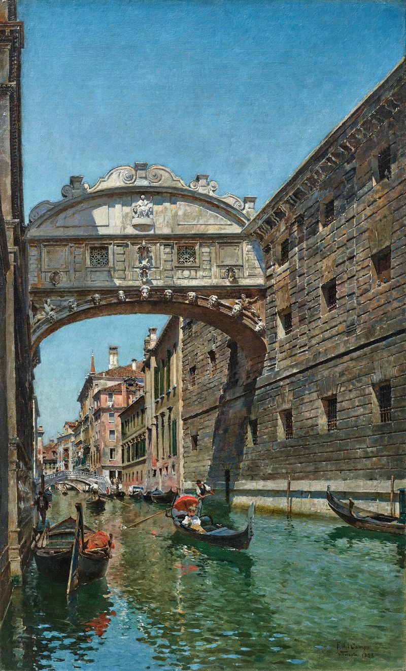 Il Ponte dei Sospiri by Federico del Campo, oil on canvas depicting a bridge in golden light.