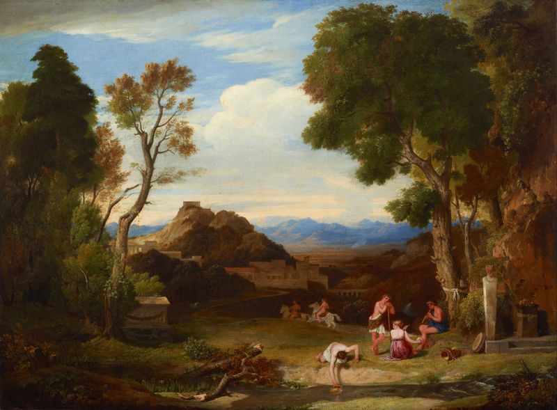 Classical landscape by Charles Lock Eastlake, oil painting depicting a serene scene with greenery and clouds.