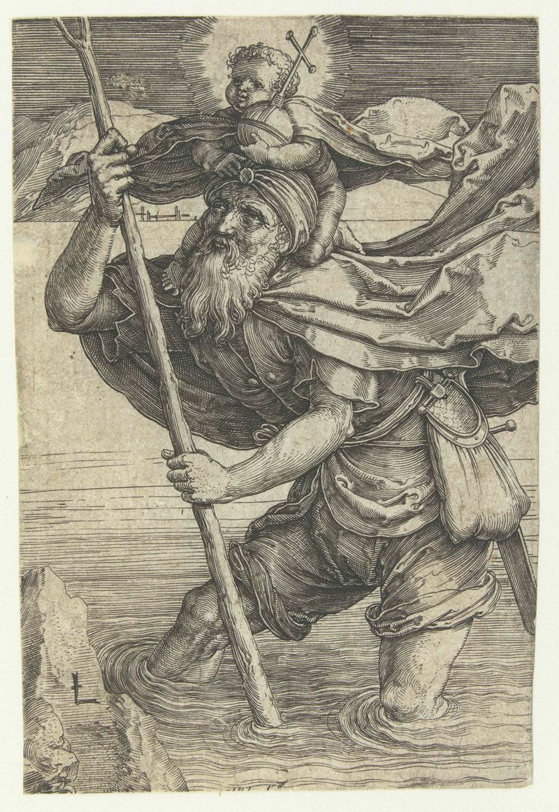 Grabado de San Cristóbal por Lucas van Leyden, mostrando luz y serenidad.