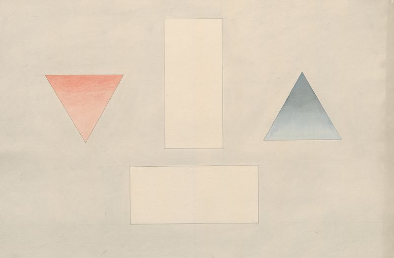 Abstract composition featuring red and blue triangles and rectangles by David Humbert de Superville