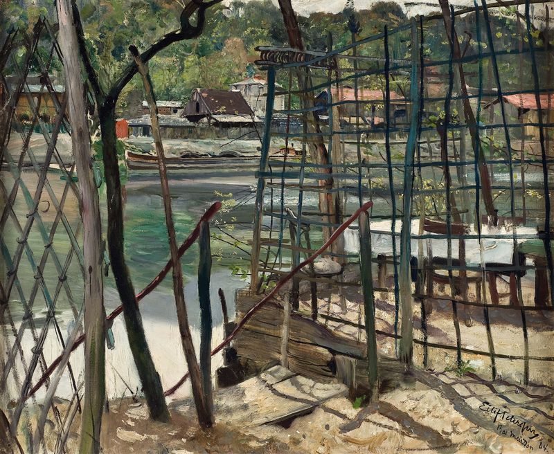 Landscape from Meudon, France by Eilif Peterssen, oil on canvas depicting rolling hills and soft sky.