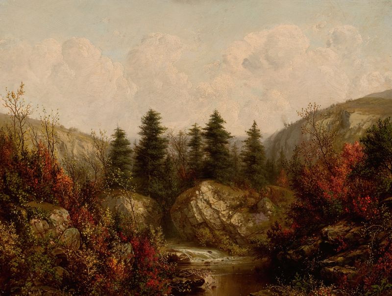 River through an Autumn Forest de William Mason Brown, pintura a óleo mostrando um rio e árvores de outono.