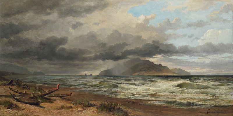 Cook Strait, Nova Zelândia de Nicholas Chevalier, óleo sobre tela retratando ondas do oceano e penhascos.