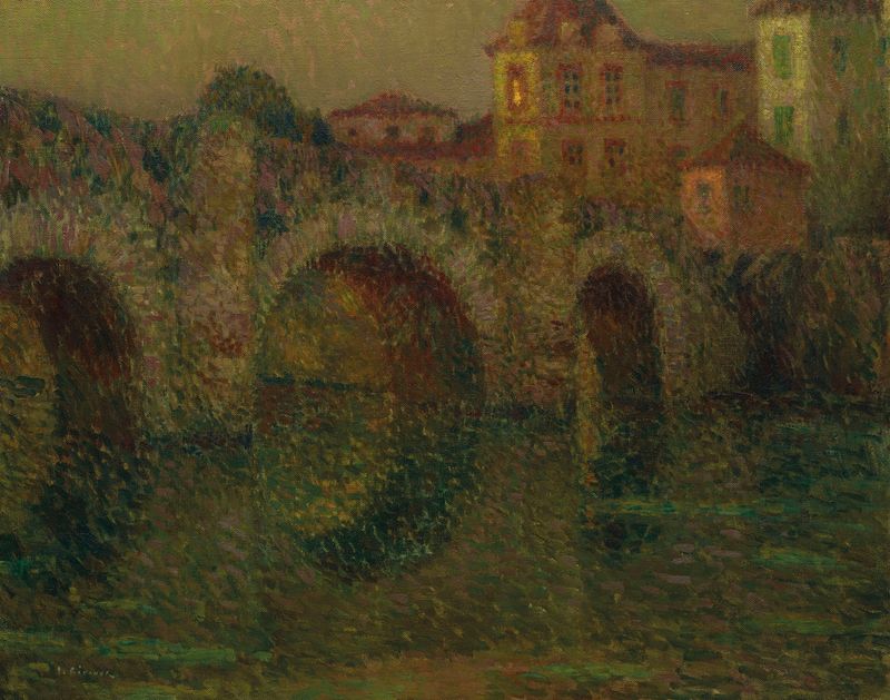 Paisagem ao crepúsculo sobre um rio com uma ponte de Henri Le Sidaner, pintura a óleo.