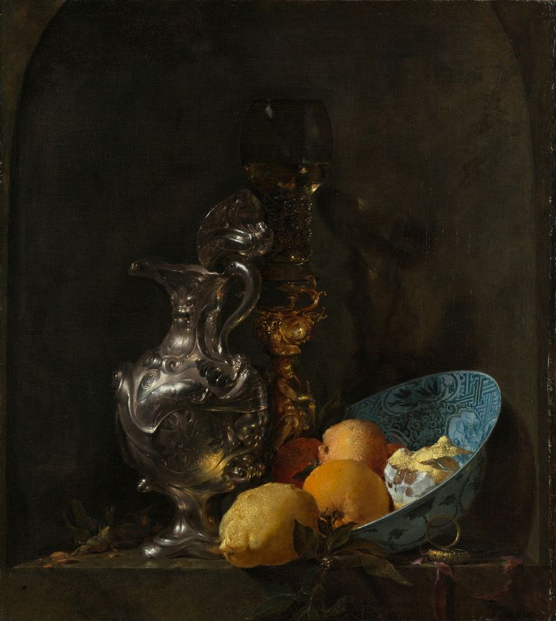 Still life oil painting by Willem Kalf featuring a silver jug and a porcelain bowl