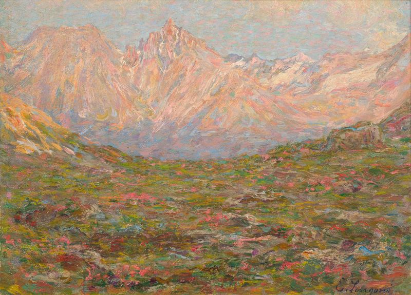 A Mountain Landscape by Emilio Longoni, oil on canvas depicting mountains and a serene sky.