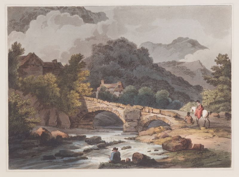 Brathay Bridge de Philip James de Loutherbourg, pintura al óleo que representa un atardecer sobre un río.