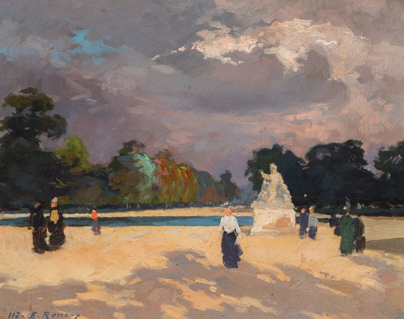 Le bassin des Tuileries de Jules Ernest Renoux, impressionismo, retratando uma paisagem de jardim serena.