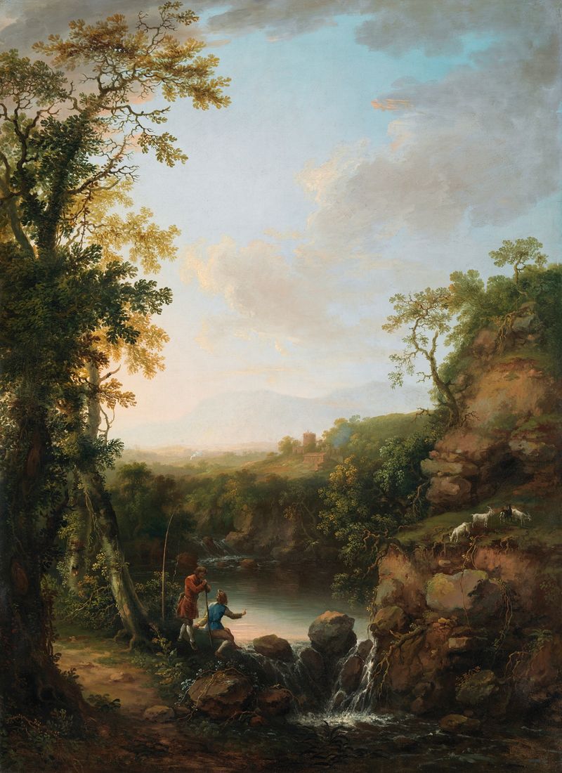 River Landscape with Fisherman, óleo sobre lienzo de George Mullins