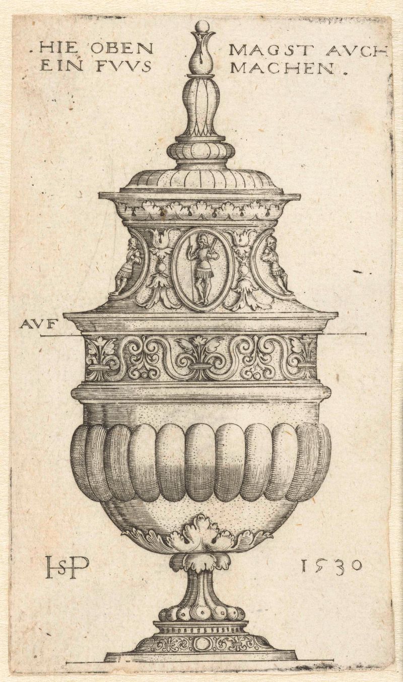 Grabado de Hans Sebald Beham de un recipiente de vidrio decorativo con medallones