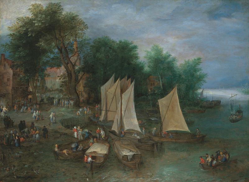 Um cais perto de uma aldeia com embarcações e figuras, pintura a óleo de Jan Brueghel o Velho
