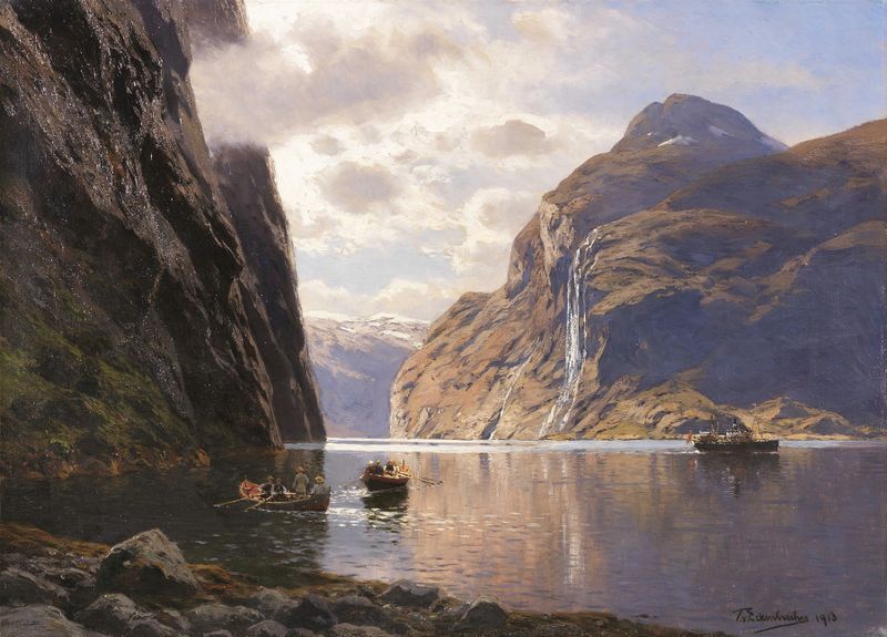 Landscape of Geirangerfjord with cliffs and waterfalls, oil painting by Themistokles Von Eckenbrecher