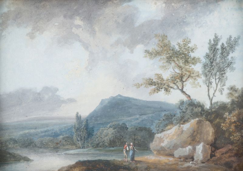 Landschaft de Johann Christian Brand, óleo sobre lienzo que representa un paisaje brumoso con árboles y colores suaves.