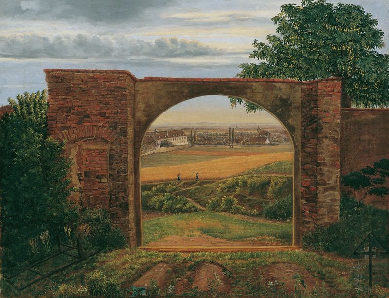 Cemetery archway surrounded by trees, oil on canvas by Thomas Ender