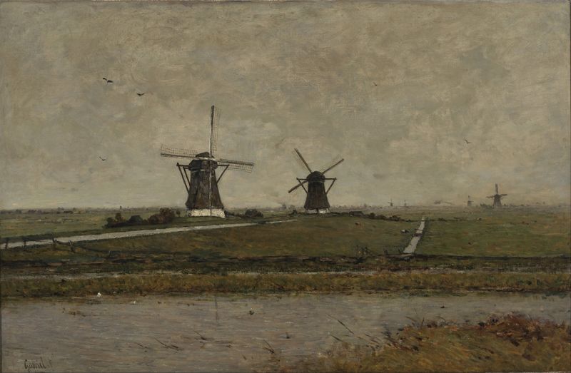 Polder with Mills near Overschie, oil on canvas by Paul Joseph Constantin Gabriël depicting windmills and a tranquil landscape