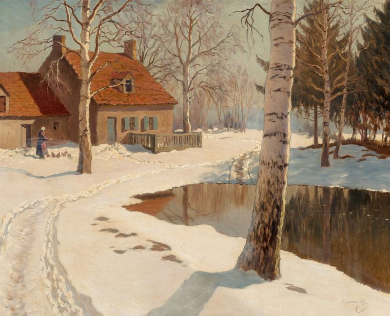 Una cabaña en la nieve de Michel Markinovitch Guermacheff, pintura al óleo