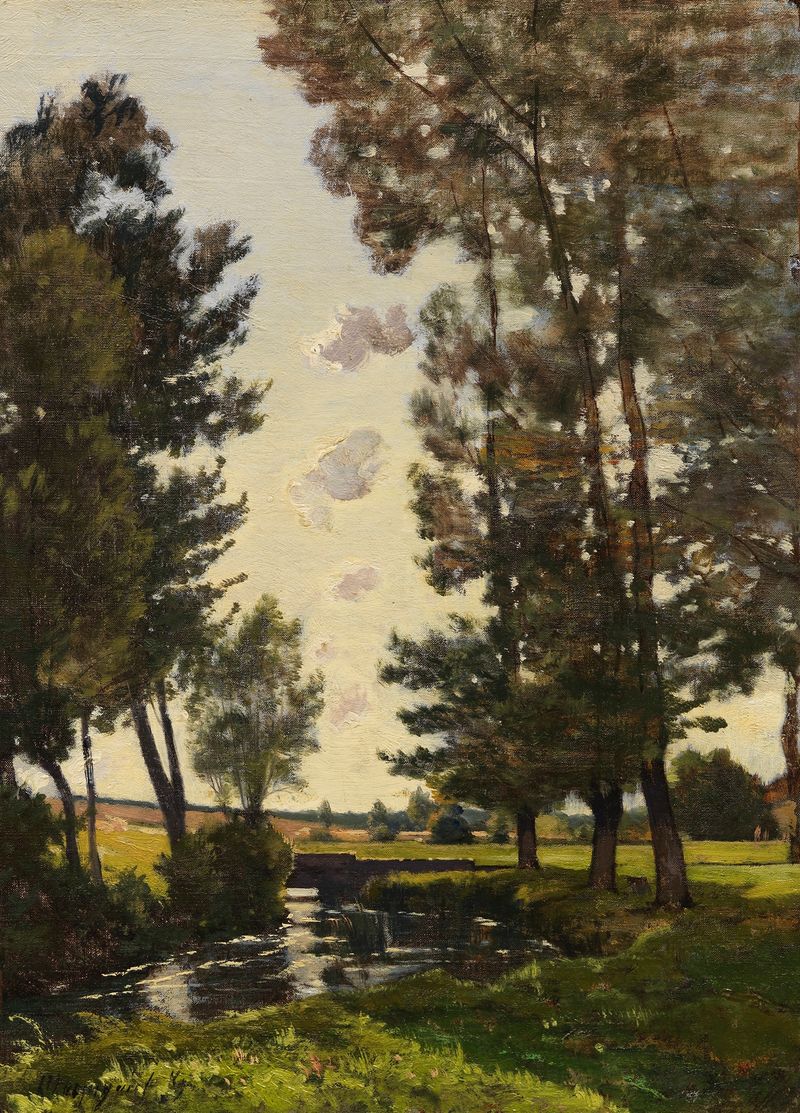 Paisaje con un arroyo, follaje y reflejos de luz de Henri-Joseph Harpignies, pintura al óleo.