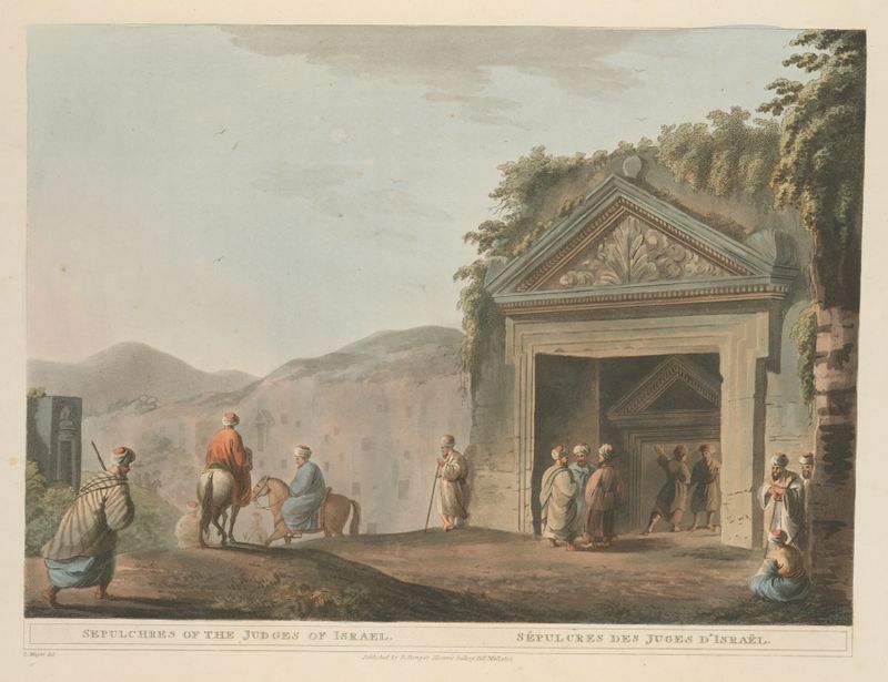 Gravura de Luigi Mayer mostrando sepulcros cercados por sombras e pedra.