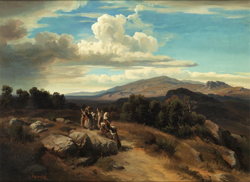 Landscape with sunlight and shadows, oil on canvas by Anton Romako