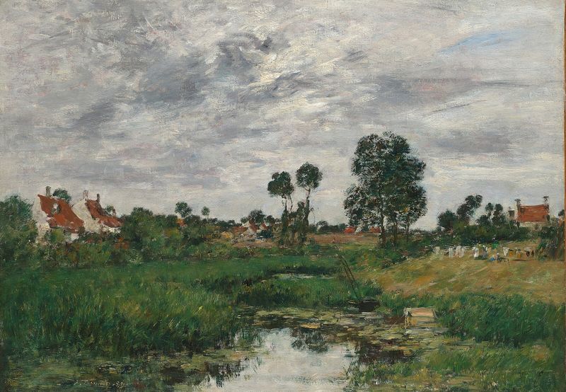 La Maison du fermier, óleo sobre lienzo de Eugène Boudin, con una granja en un paisaje sereno.